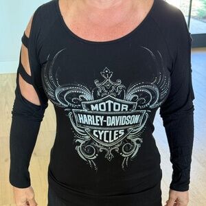 Harley Davidson long sleeve black and white bling top, size medium